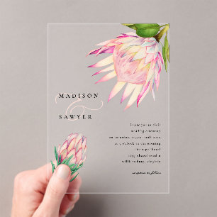 King Protea Pink Watercolor Floral Wedding Acrylic Invitations