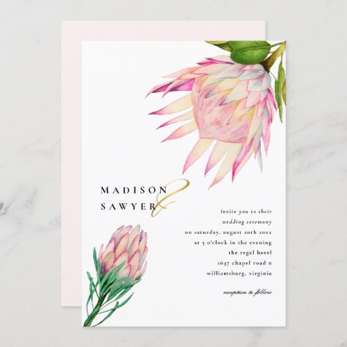 King Protea Pink Watercolor Flower Wedding Invitation