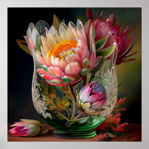King Protea Pink Yellow Red Beautiful Bouquet   Poster