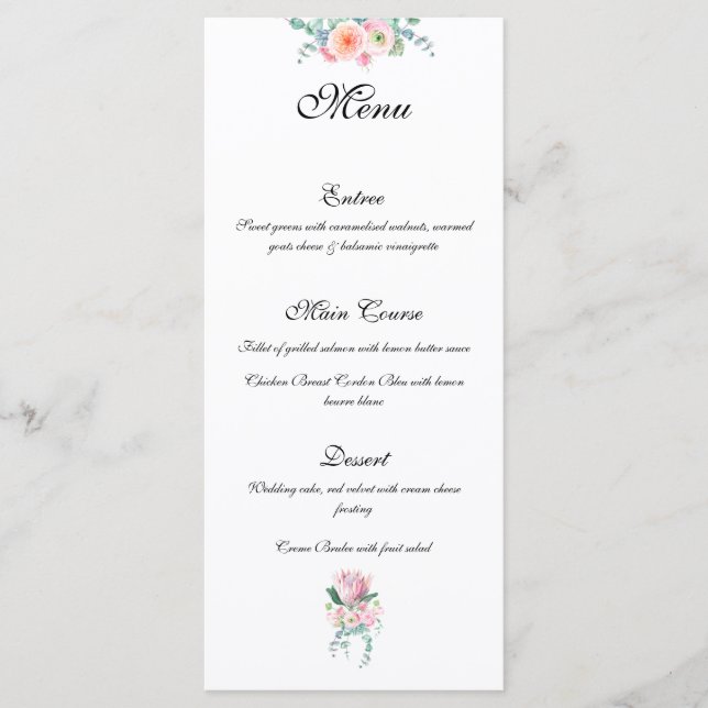 King Protea Rose Watercolor Pastel Elegant Wedding Menu (Front)
