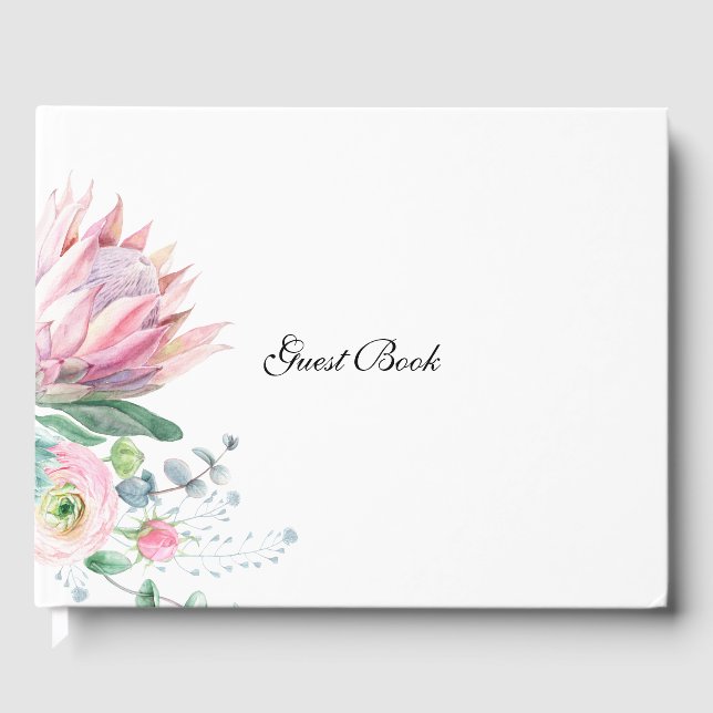 King Protea Watercolor Floral Elegant Wedding Guest Book (Front)