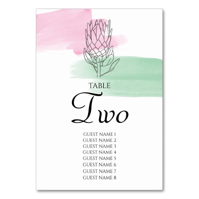 King Protea Watercolor Wedding Guest Names Table Number (Front)