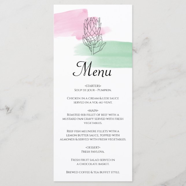 King Protea Watercolor Wedding  Menu (Front)