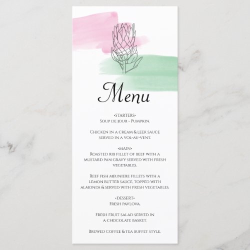 King Protea Watercolor Wedding  Menu