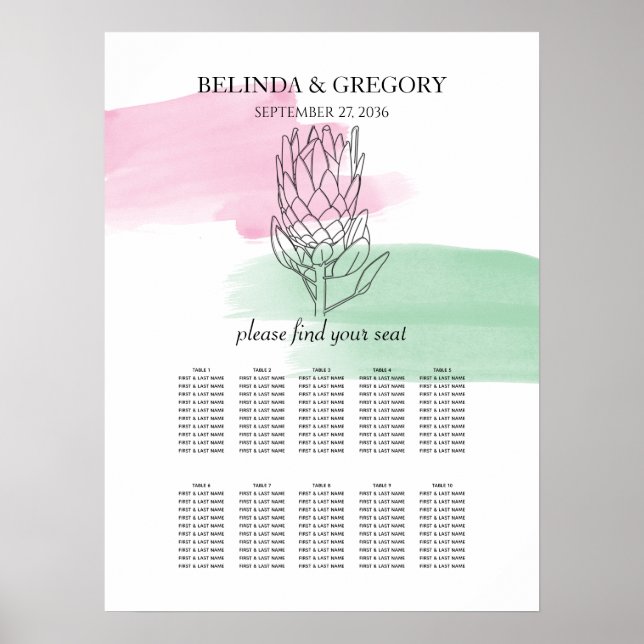 King Protea Watercolor Wedding Seating Chart (Front)