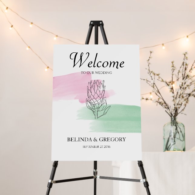 King Protea Watercolor Wedding Welcome Sign (In Situ (Stand))