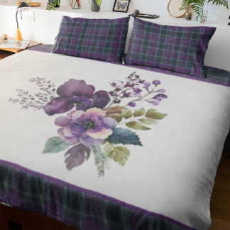 King Purple Floral Purple & Green Plaid Duvet Cover
