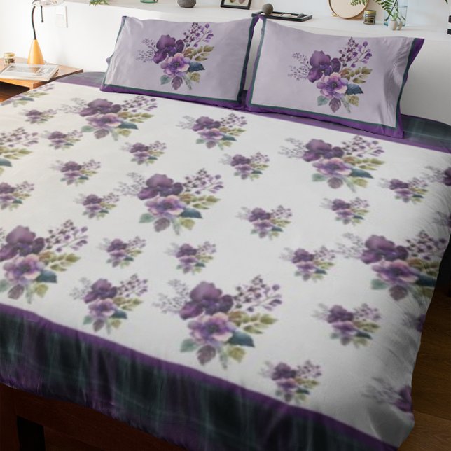 King Purple Floral Purple & Green Plaid  Duvet Cover (Purple Floral Duvet - Variety of different pillows designs are also available )