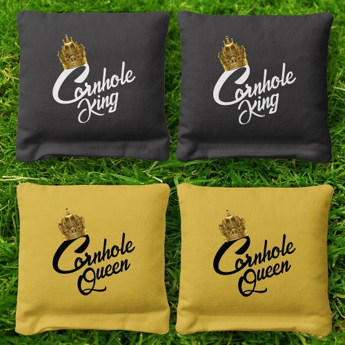 King  Queen His and Hers Gold Crown Black  Gold Cornhole Bags