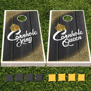 King & Queen His and Hers Gold Crown Black Wood Cornhole Set