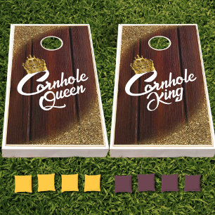 King & Queen His and Hers Gold Crown Red Wood Cornhole Set