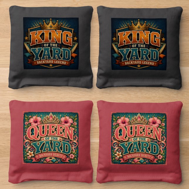 King & Queen of the Backyard Cornhole Set Bags (Wood)