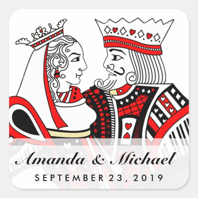 King & Queen Playing Cards Wedding Name & Date Square Sticker (Front)