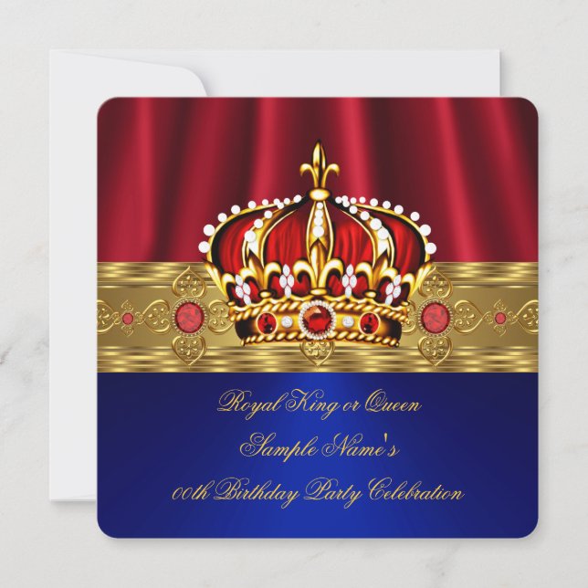 King Queen Red Crown Royal Blue Gold Birthday 4 Invitation (Front)