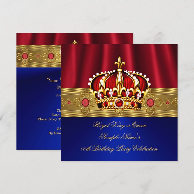 King Queen Red Crown Royal Blue Gold Birthday 4 Invitation (Front/Back)