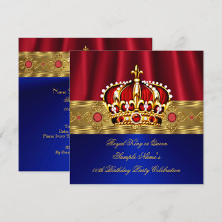 King Queen Red Crown Royal Blue Gold Birthday 4 Invitation