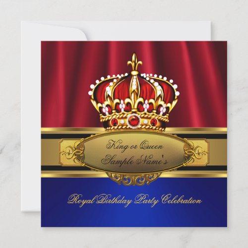 King Queen Red Crown Royal Blue Gold Birthday Invitation