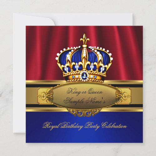 King Queen Red Royal Blue Gold Birthday Party Invitation
