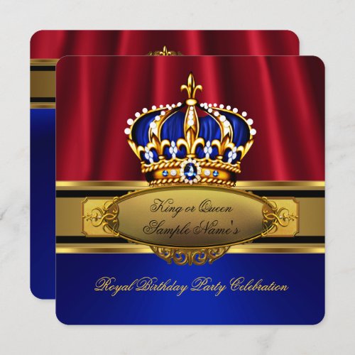 King Queen Red Royal Blue Gold Birthday Party Invitation