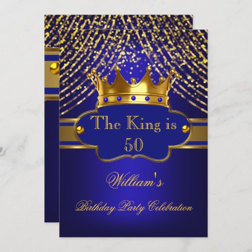 King Royal Blue Gold Crown Birthday Party Mens Invitation