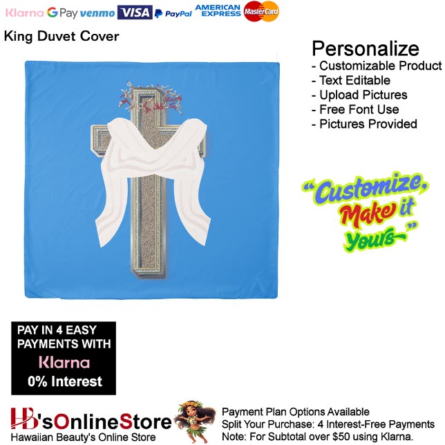 King Size Duvet Cover Blue Background (Cross with Bow Duvet Cover Featuring a Blue Background.)