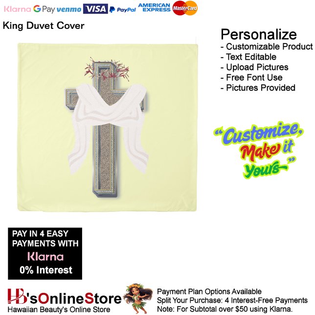 King Size Duvet Cover Yellow Background (Cross with Bow Duvet Cover Featuring a Yellow Background.)