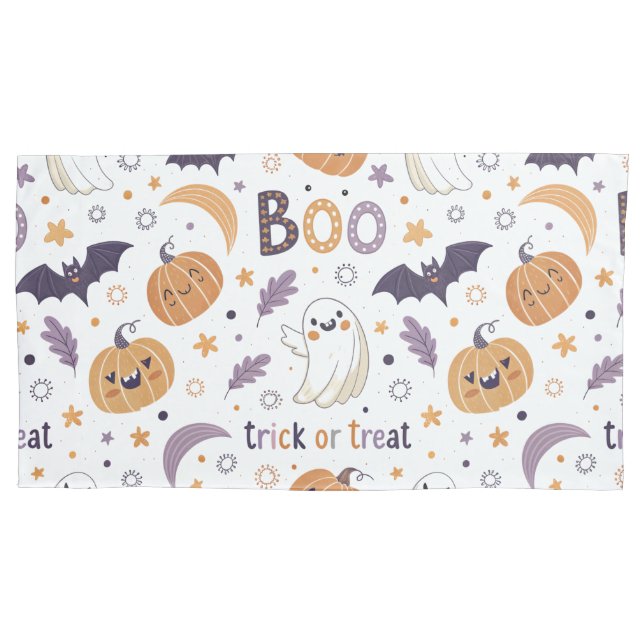 King Size Pillowcase with Cozy Ghosts & Pumpkins (Front-Left)