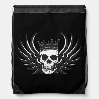King Skull with Wings Drawstring Bag