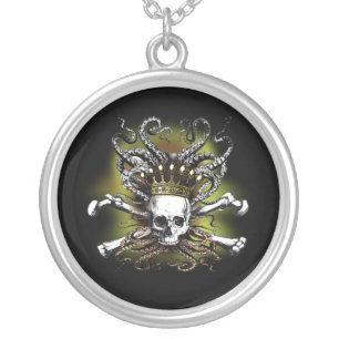 King Squid Skull Black Silver Plated Necklace
