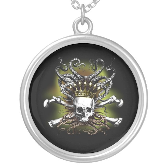 King Squid Skull Black Silver Plated Necklace (Front)