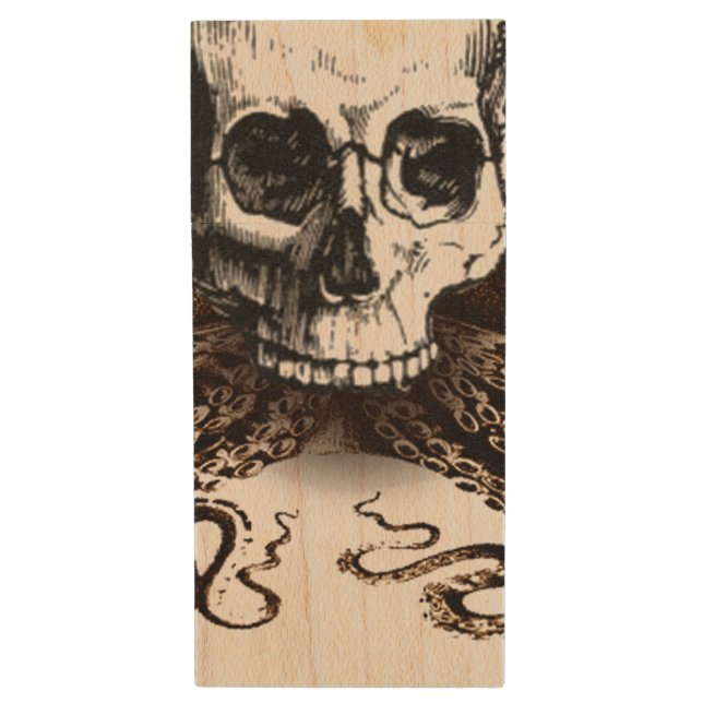 King Squid Skull Wood USB Flash Drive (Front Vertical)