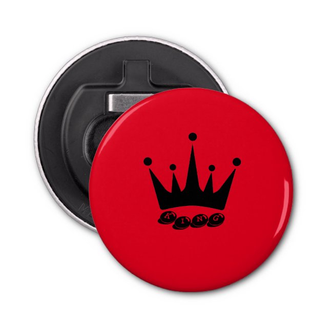 King Text Black Color Crown Button Bottle Opener (Front)