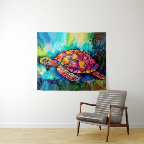 King Turtle Swims Through Azure Seas Tapestry