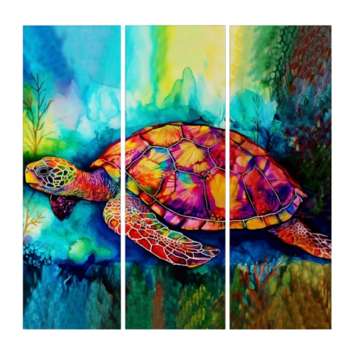 King Turtle Swims Through Azure Seas Triptych