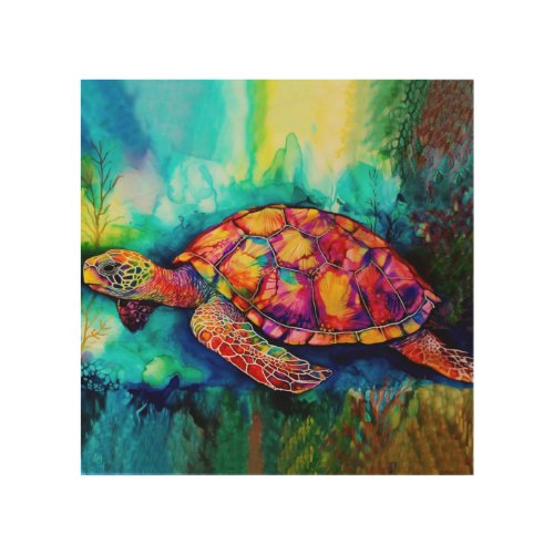 King Turtle Swims Through Azure Seas Wood Wall Art