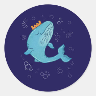 King Whale with Crown Whimsical Ocean Folk Art Classic Round Sticker