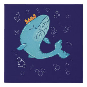 King Whale with Crown Whimsical Ocean Folk Art Faux Canvas Print