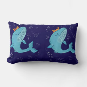 King Whale with Crown Whimsical Ocean Folk Art Lumbar Pillow