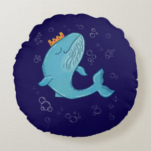King Whale with Crown Whimsical Ocean Folk Art Round Pillow