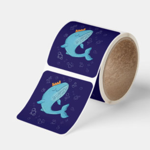 King Whale with Crown Whimsical Ocean Folk Art Square Sticker
