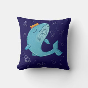 King Whale with Crown Whimsical Ocean Folk Art Throw Pillow