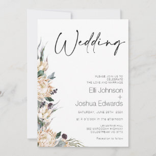 King White Protea Wedding Calligraphy Wedding Invitation