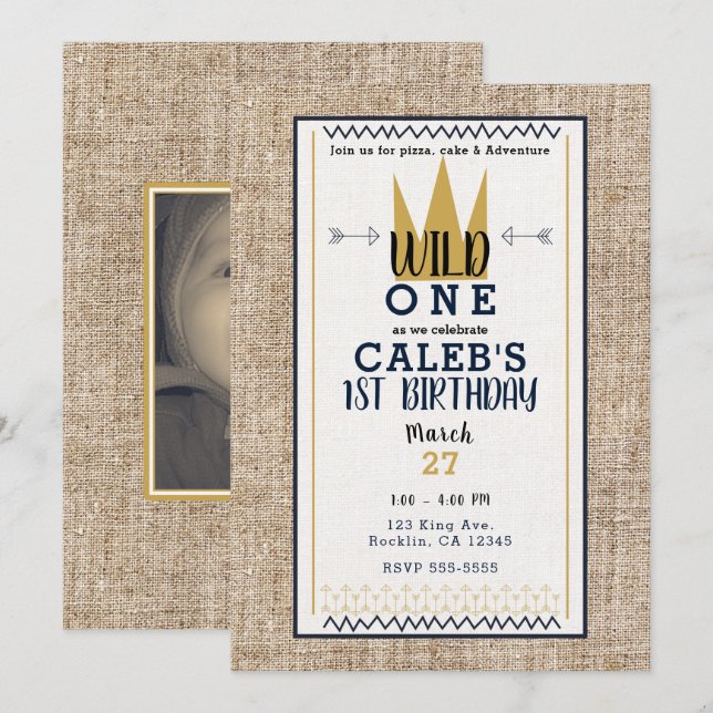 King Wild ONE Thing Gold Crown 1ST Party Photo Invitation (Front/Back)