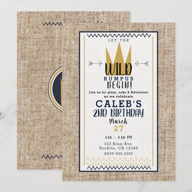 King Wild Thing Gold Crown Burlap Birthday Party Invitation (Front/Back)
