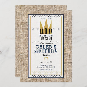 King Wild Thing Gold Crown Burlap Birthday Party Invitation