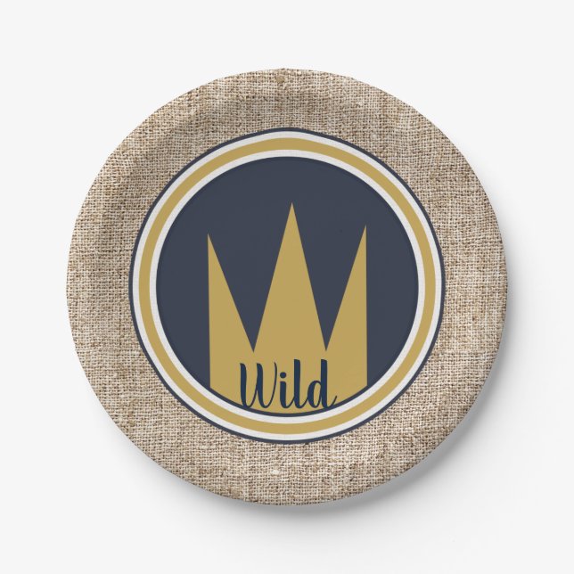 King Wild Thing Gold Crown Burlap Birthday Party Paper Plates (Front)