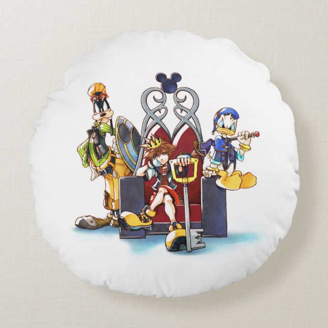 Kingdom Hearts | Sora, Donald, & Goofy On Throne Round Pillow (Front)
