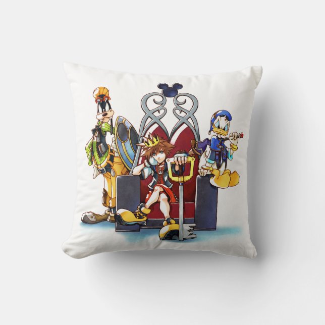Kingdom Hearts | Sora, Donald, & Goofy On Throne Throw Pillow (Front)