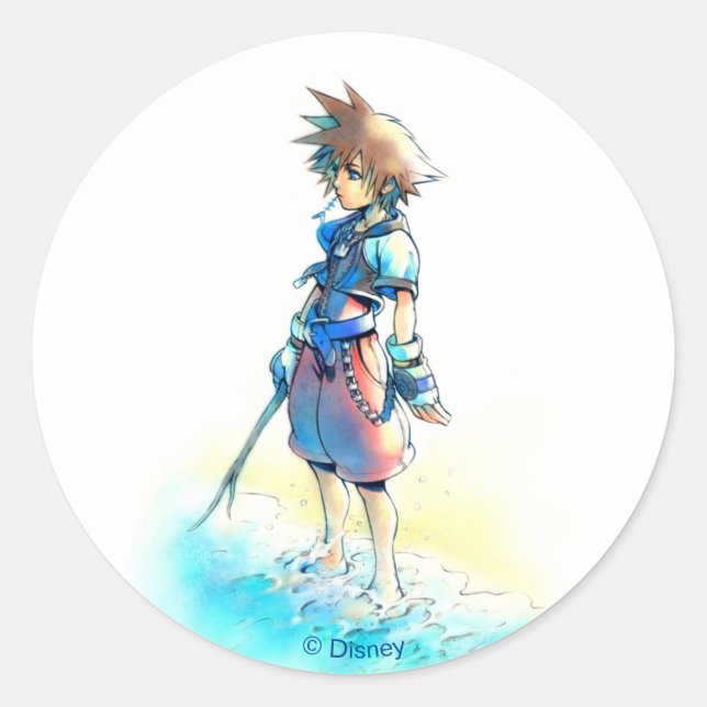 Kingdom Hearts | Sora On Beach Watercolor Classic Round Sticker (Front)