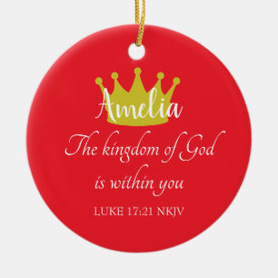 Kingdom of God Bible Verse Name and Crown Red Ceramic Ornament
